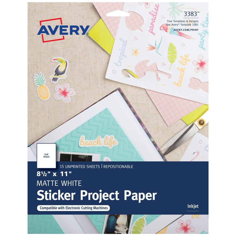 Avery 3383 Printable Sticker Paper; 8 1/2" x 11"; Inkjet Printer; White; 15  Repositionable Sticker Sheets - Micro Center