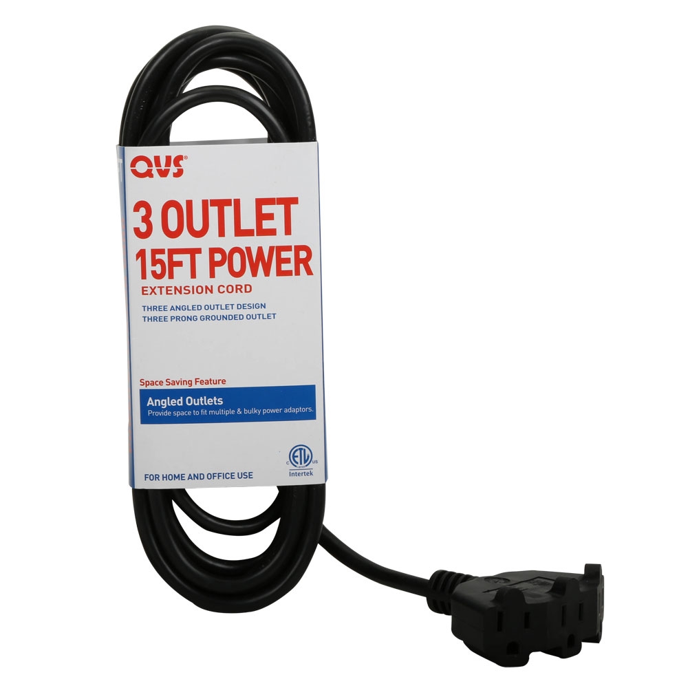 QVS 15ft 3-Outlet Right Angle Molded Power Extension Cord w/ 3-Prong Plug  Black 