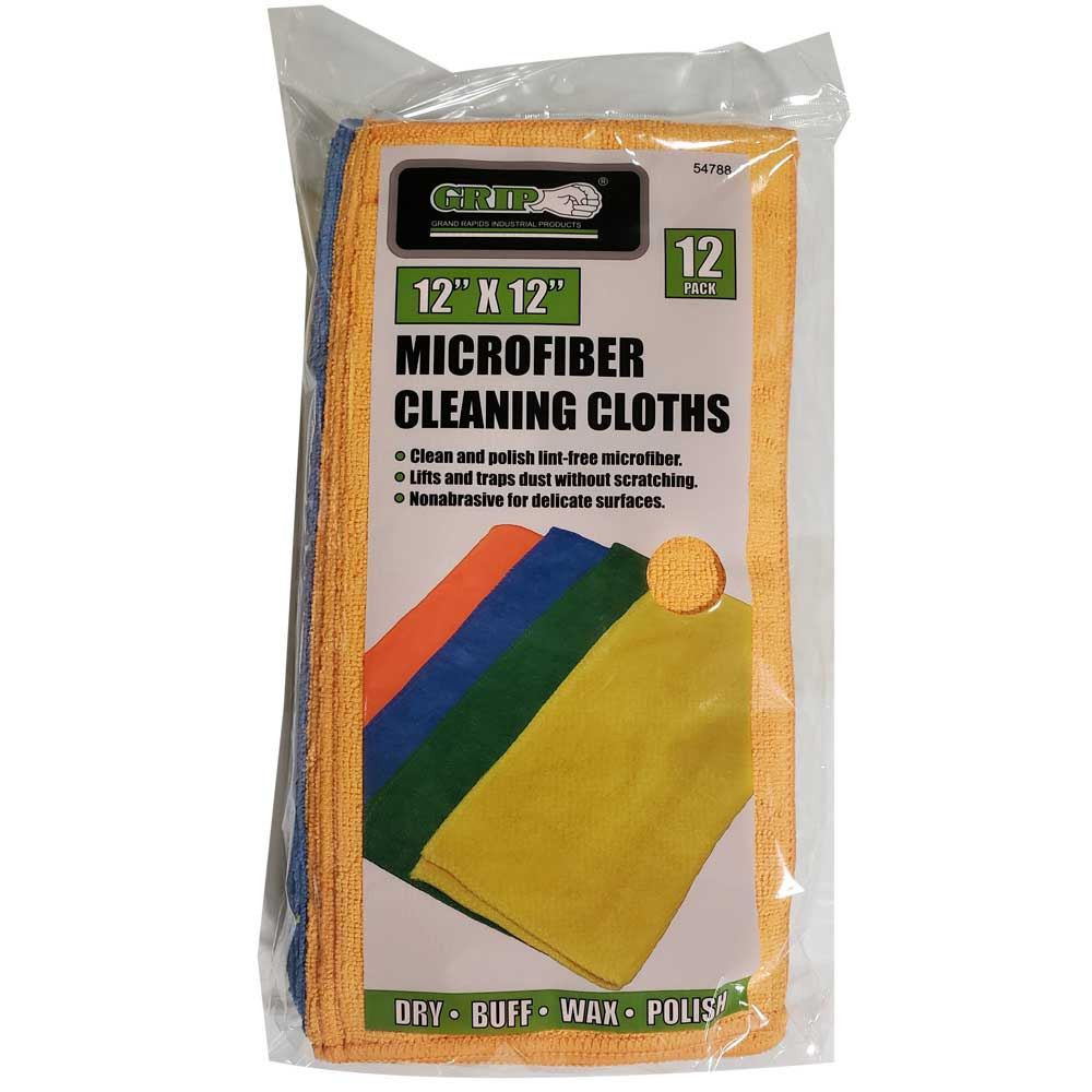 12pk GRIP 12" X 12"  MICROFIBER CLEANING CLOTHS LINT FREE TOWELS WORK RAGS 54788 