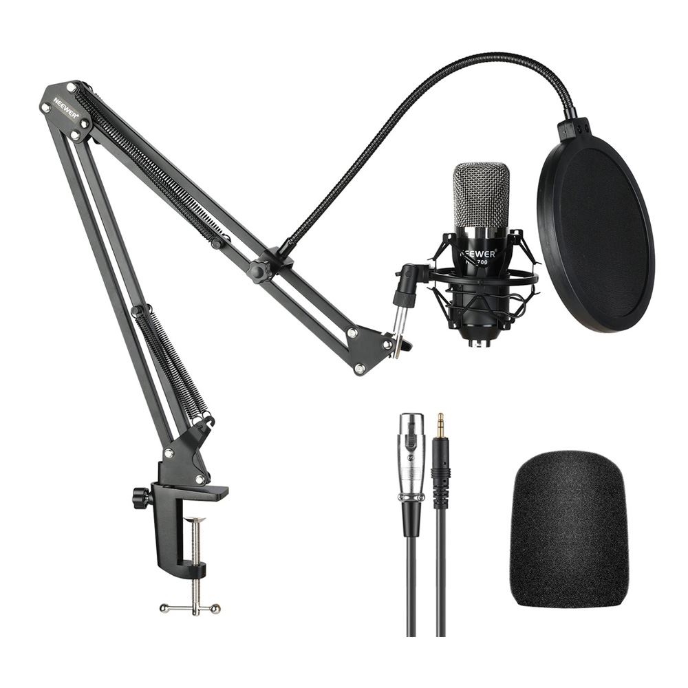 Neewer NW-700 Condenser Microphone Kit with USB 48V Phantom Power Supply Pop Filter for Home Studio Recording Broadcast YouTube Live NW-35 Suspension Scissor Arm Stand Black White Shock Mount 