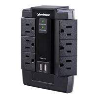 CyberPower Systems 6 Outlet Pivot Surge Protector Wall Tap w/ 2 USB (2.1A) Charging Points - Black