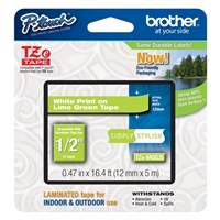 Brother TZeMQG35 12mm (0.47&quot;) White on Lime Green tape for P-touch 5m (16.4 ft)
