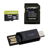 Unirex 64GB microSDXC Class 10/ UHS-1 Flash Memory Card with Adapter and Reader