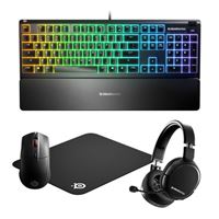 SteelSeries Ultimate Gaming Bundle Arctis 1 Wireless Headset, Apex 3 Keyboard, Rival 3 Wireless Mouse, and QcK Mousepad - Black