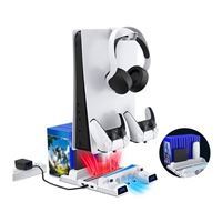 NexiGo PS5 Stand TP5-1520 Vertical Stand with Headset Holder and AC Adapter for PS5 disc & Digital Editions, RGB Led Light, Dual Controller Charger, 12 Game Rack Organizer, Hard Drive & Media Remote Slots - White
