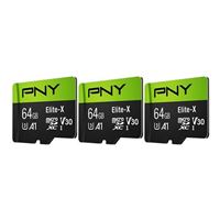PNY Elite-X 64GB microSDXC Card Class 10 UHS-I U3 V30 A1 Flash Memory Card with Adapter - 3 Pack