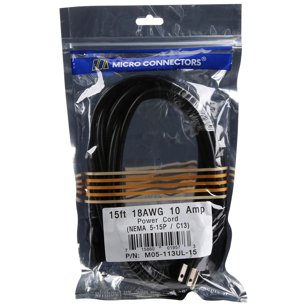 Micro Connectors NEMA 5-15P Male to IEC-60320-C13 Female Computer Power ...