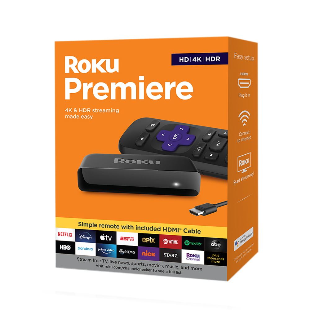 Roku Premiere Streaming Media Player, HD/4K/HDR, Simple Remote, Includes Premium HDMI Cable
