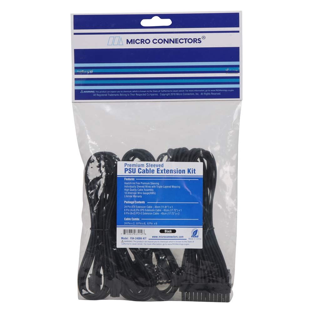Micro Connectors Premium Sleeved PSU Cable Extension Kit Black