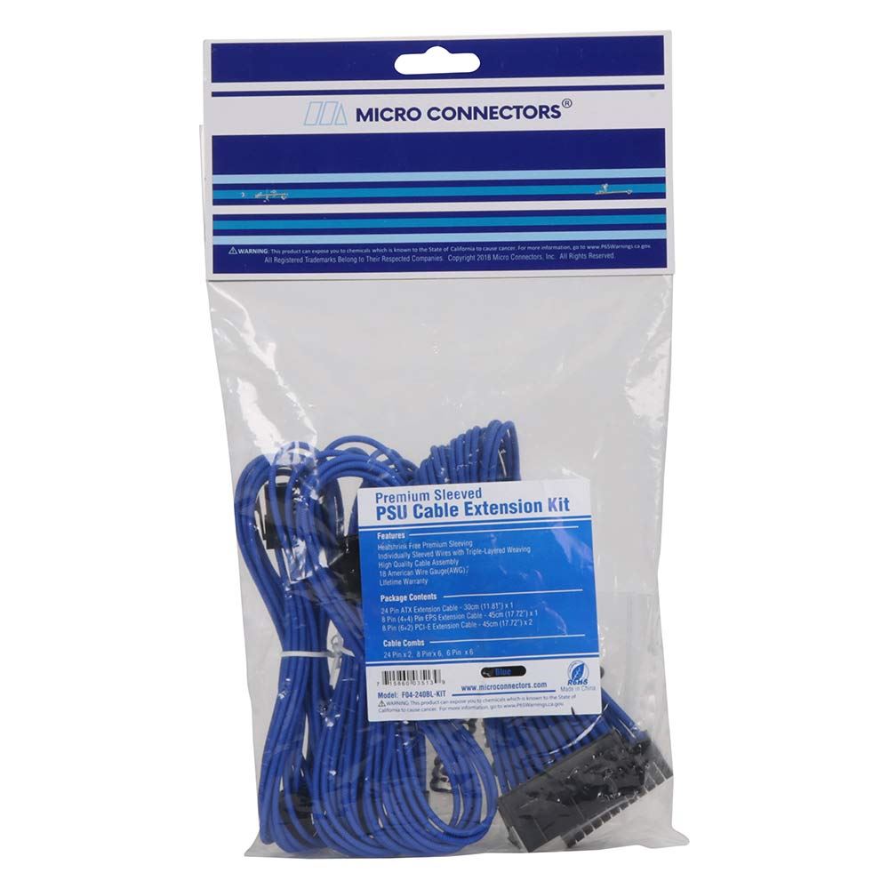 Micro Connectors Premium Sleeved PSU Cable Extension Kit Blue Micro