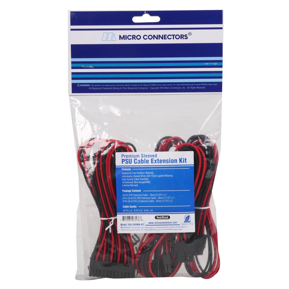 Micro Connectors Premium Sleeved PSU Cable Extension Kit Red/ Black