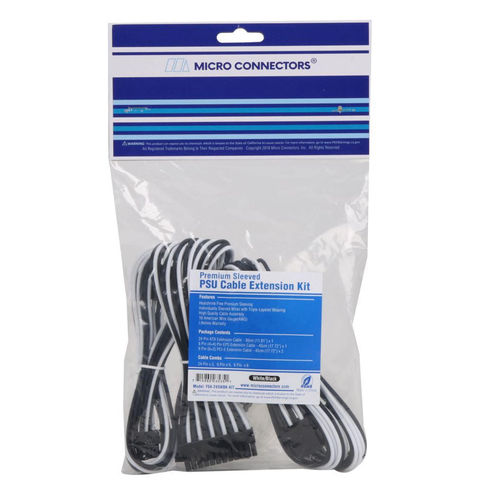 Micro Connectors Premium Sleeved PSU Cable Extension Kit Black/ White