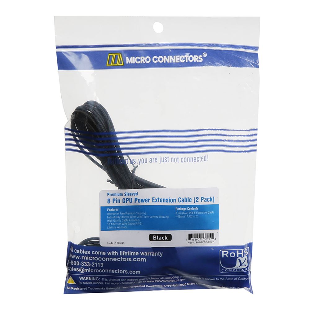 Micro Connectors 2-Pack Premium Sleeved 8 (6+2) Pin PCI-e GPU Power ...
