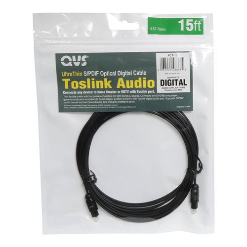 QVS Toslink Digital/ SPDIF Optical Audio UltraThin Cable 15 ft. - Black -  Micro Center