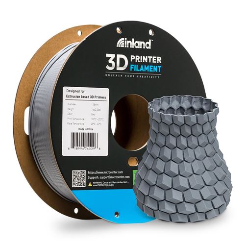 Inland 1.75mm PLA 3D Printer Filament 1kg (2.2 lbs) Cardboard Spool - Matte Gray; Dimensional Accuracy +/- 0.03mm, FDM/FFF Printers