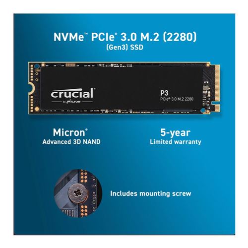 Crucial P3 CT500P3SSD8 HUX 500GB M.2 2280 NVMe PCIe 3.0 x4 SSD Retail