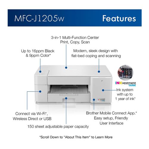 Brother MFC-J1205W INKvestment Tank Wireless Multi-Function Color Inkjet  Printer with Up to 1-Year of Ink In-box - Micro Center