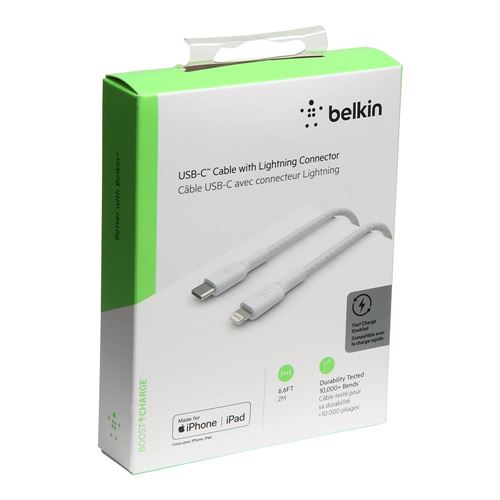 Belkin BOOST CHARGE Braided Lightning to USB-C Charge/ Sync Cable 6.6 ft. -  White - Micro Center