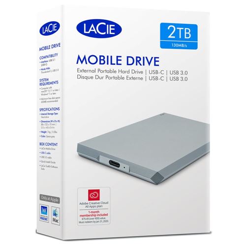 LaCie Mobile Drive 2TB USB-C Portable External Hard Drive - Micro