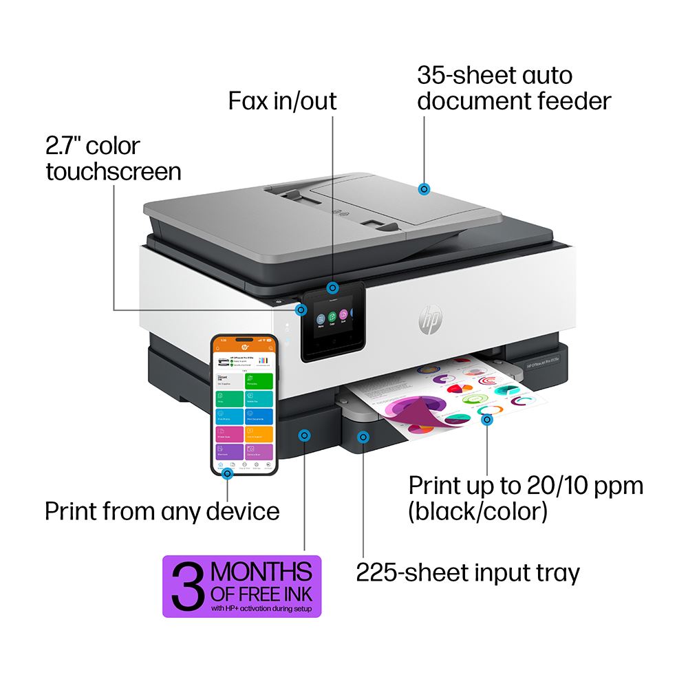 HP – OfficeJet Pro 8135e Wireless All-In-One Inkjet Printer With 3 Months Of Instant Ink Included With Hp White